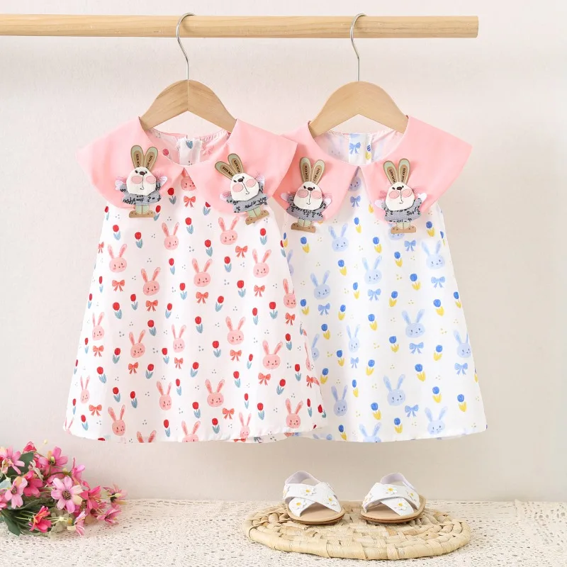 

HoneyCherry Baby Girl Summer Dress Cotton Korean Style Lapel Collar Bunny Print Cute Toddler Infant Lightweight Casual