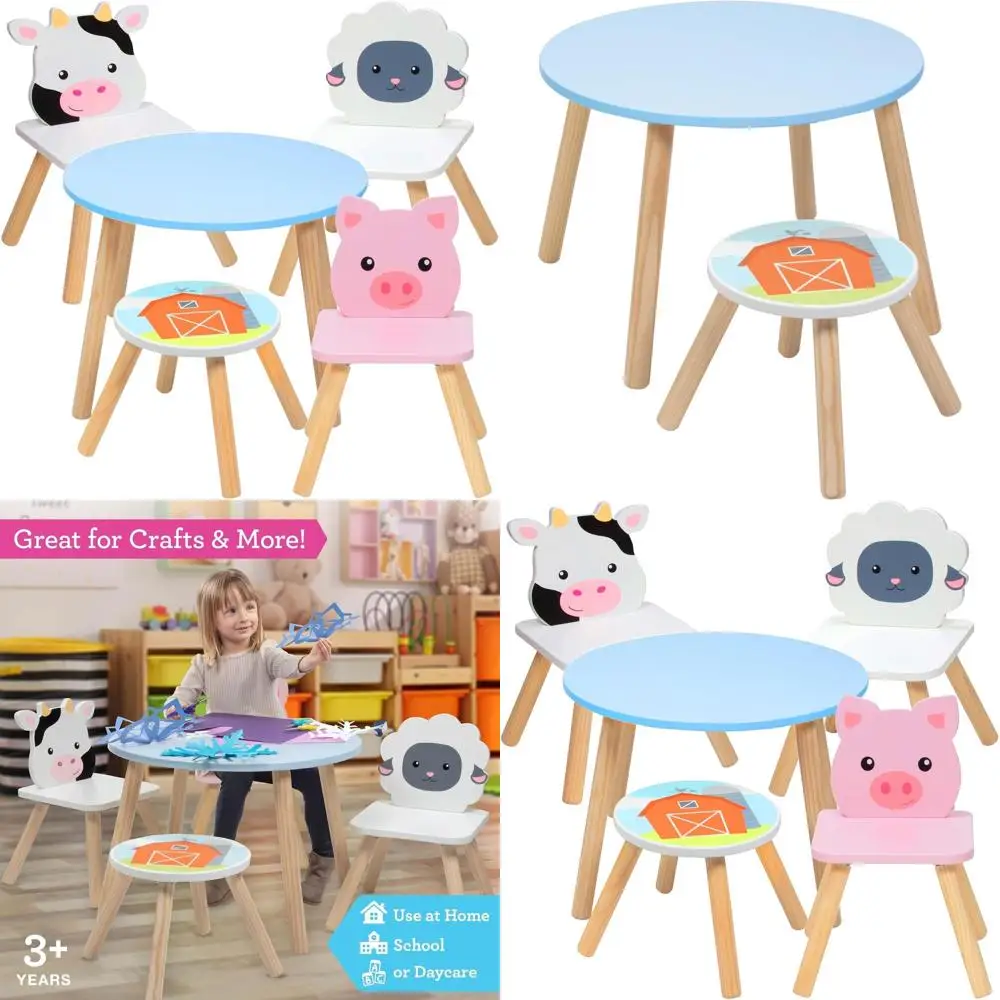 

Wooden Animal-Themed Table and Chairs Set for 4 Kids + Adult Stool - Perfect for Crafts, Play, and Dining