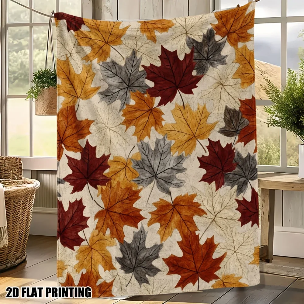 1pc Ultra-Soft Twin Size Autumn Maple Leaf Print Flannel Throw Blanket - Red Orange Yellow Brown Beige Plush All-Season Bedspread for Couch, Bed, Camping & Office - Cozy 2D Flat Printed Durable Fabric, Contemporary Fall Decor with Vibrant Leaf Pattern,