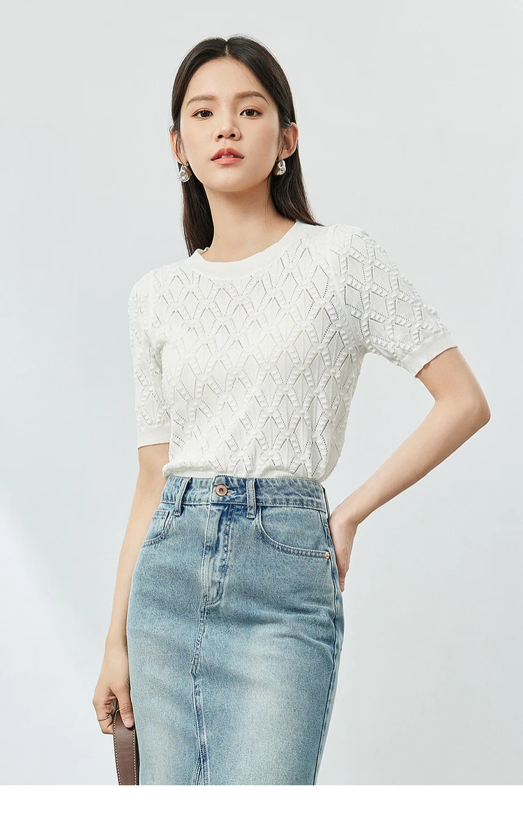 SENTUBILA Argyle Hollow Out Cropped Knitted Pullovers 2024 Summer White Round Neck Short Sleeve Knit Tops For Women W42H54382