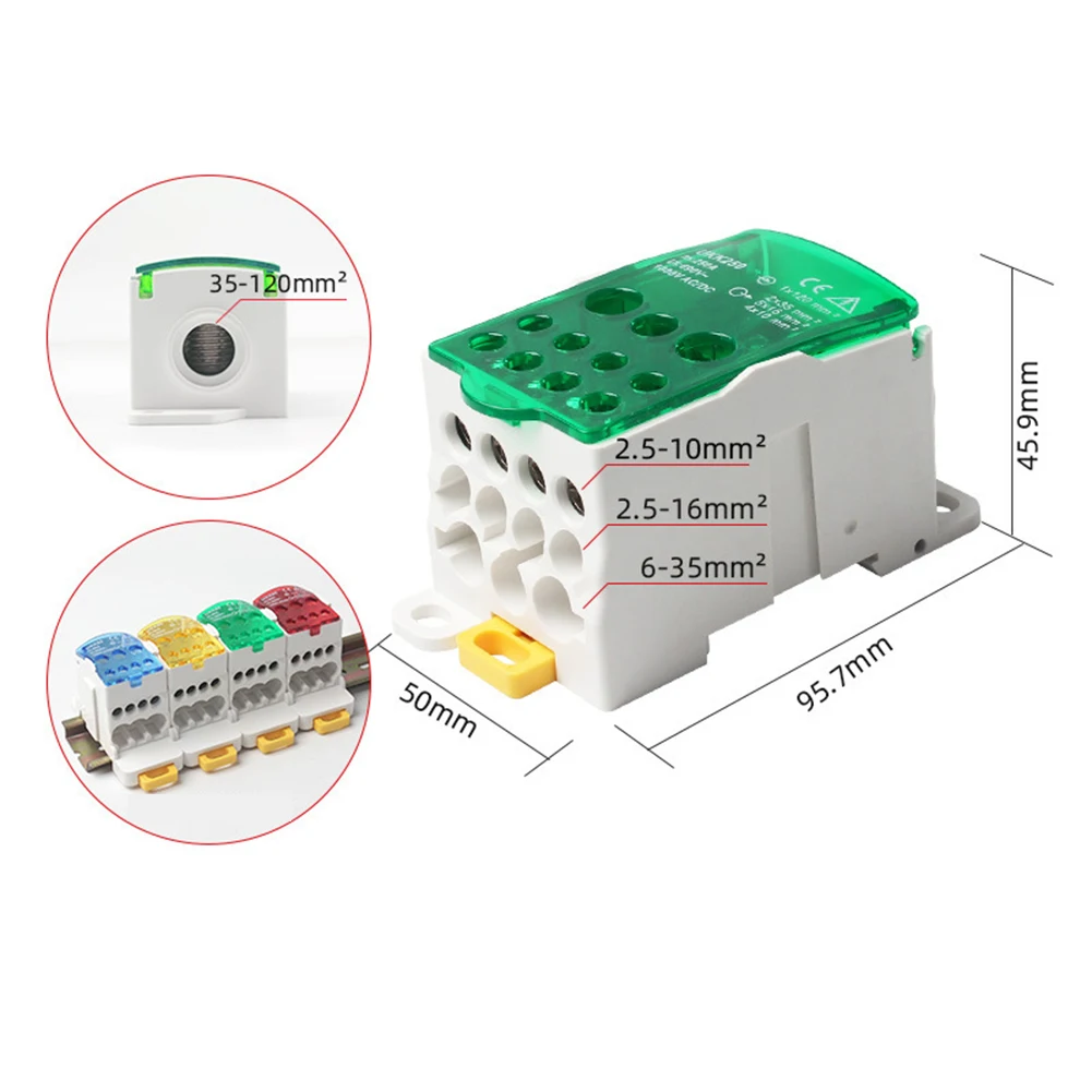 80A ~ 500A صندوق وصلات الطاقة توزيع محطة كتلة موصل DIN السكك الحديدية سلك أخضر موصل صندوق وصلات كتلة المحطة