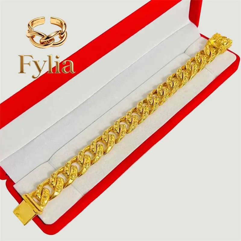 Fylia Jewelry   9999 24K Real Gold Skull Cuban Bracelet Men's Boss Bracelet Personalized Trendy Horse Whip Clamping Hand Dress