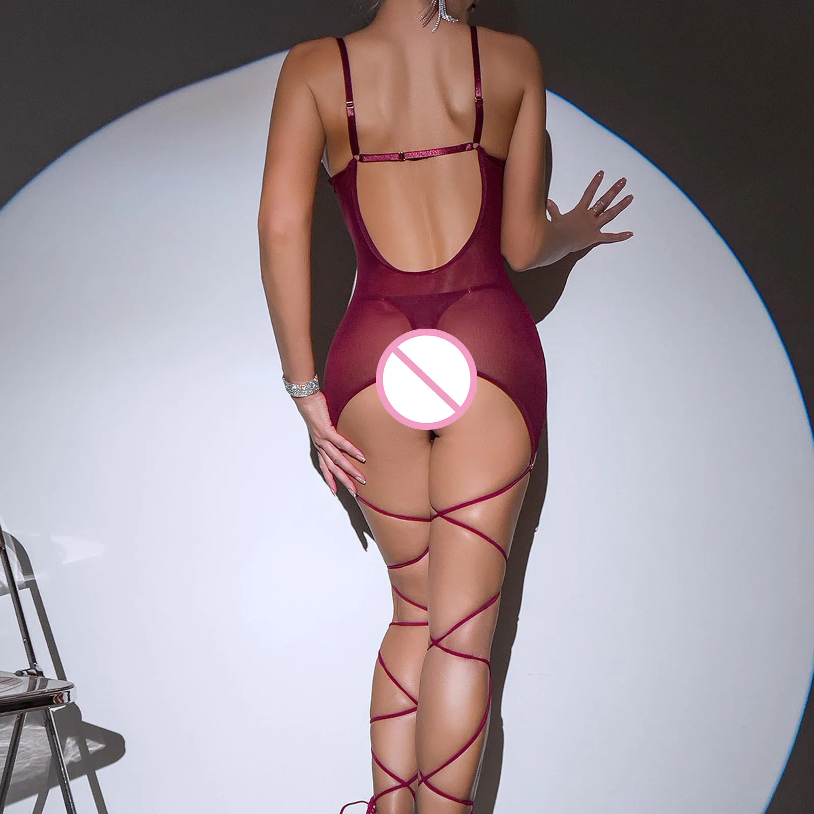 Lencería erótica caliente para mujer, traje de ropa interior transparente de malla, picardías con tirantes, Tanga y guantelete, disfraces de Cosplay