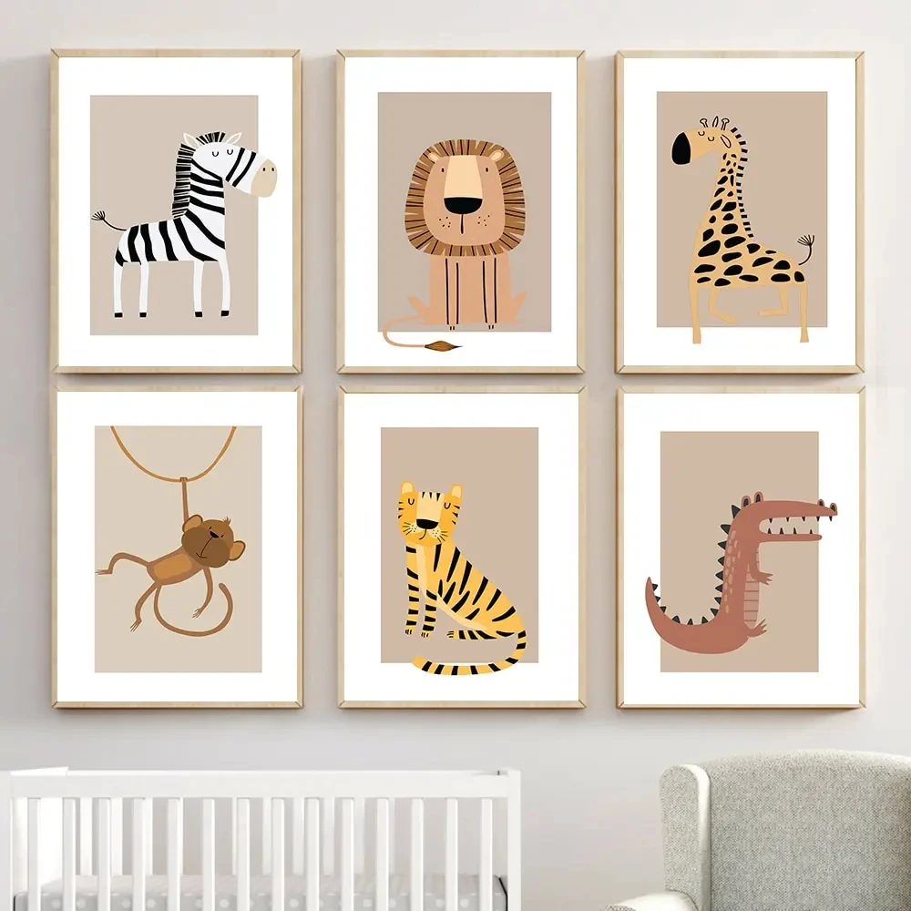 

Safari Animals Lion Giraffe Zebra Tiger Monkey Poster Print Canvas Painting Nursery Wall Art Picture Nordic Kids Bedroom Decor