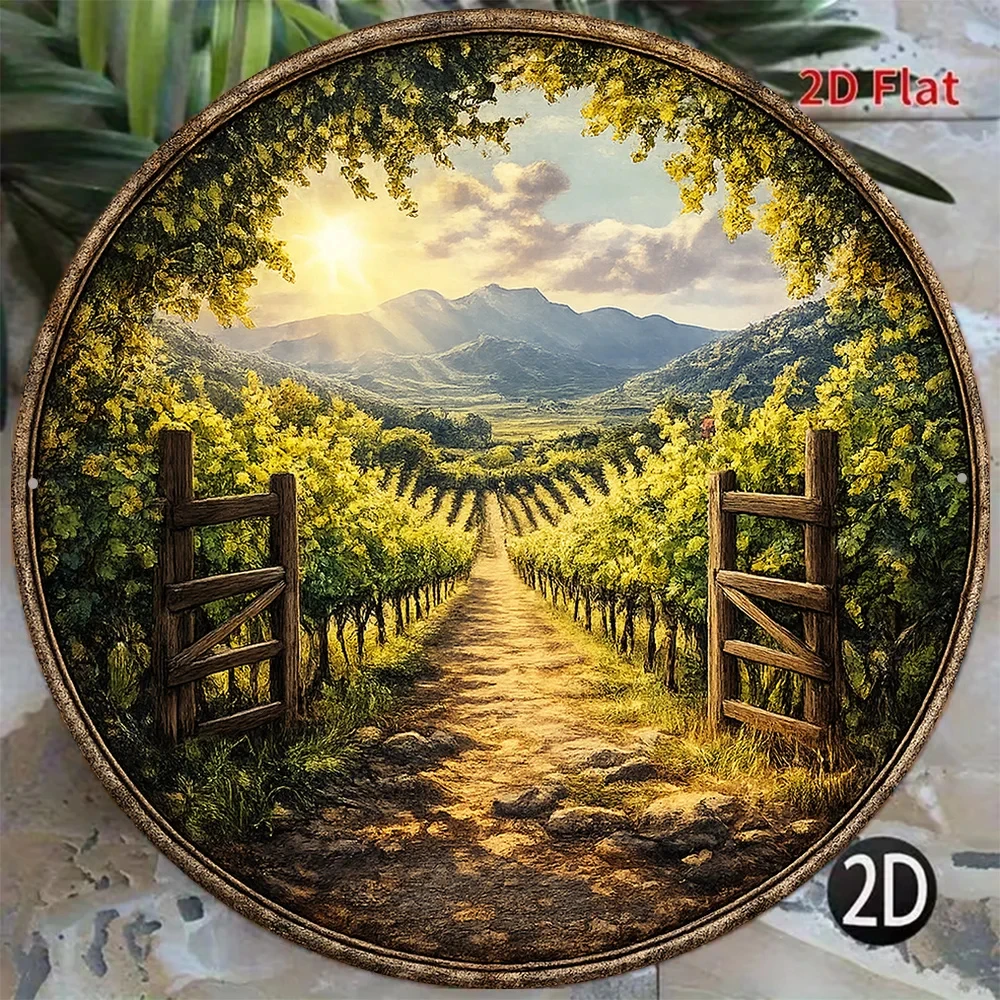 Vintage Sunrise Vineyard Wooden Door 2D Flat Round Metal Wall Sign