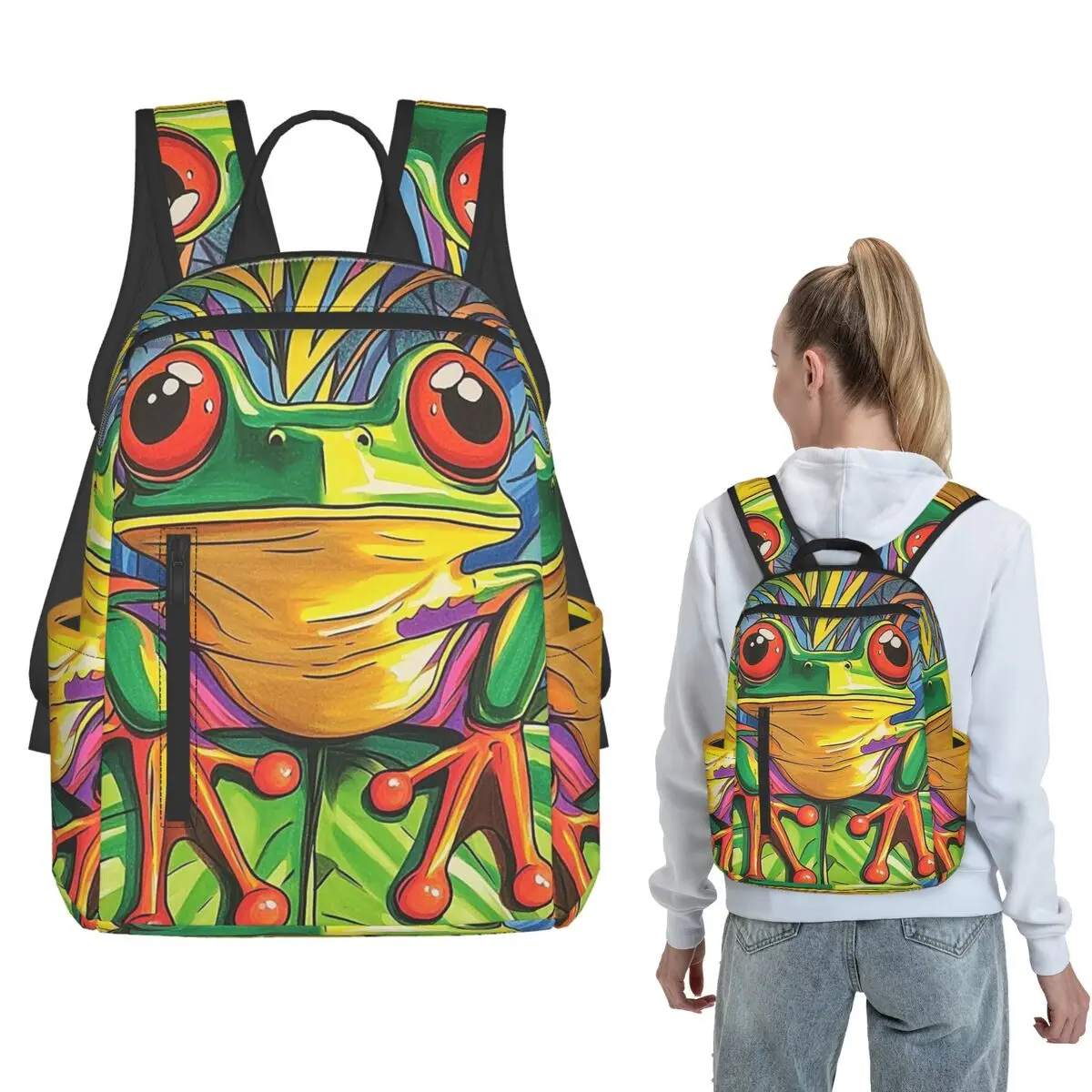 Vibrant Colorful Graffiti Frog Print Backpack Large Capacity Boys Girls BookBag School Bag Shoulder Bags for Men Women