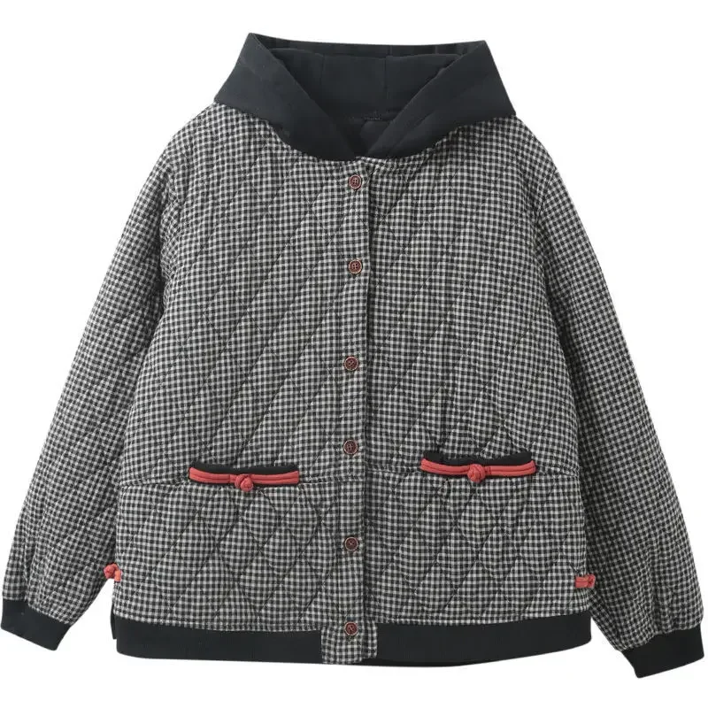 Damen Plaid Kapuze gepolsterte Jacke Herbst Winter Wärme Jacke Parka Retro koreanische Mode versand kostenfrei Großhandel kurz geschnittenes Top