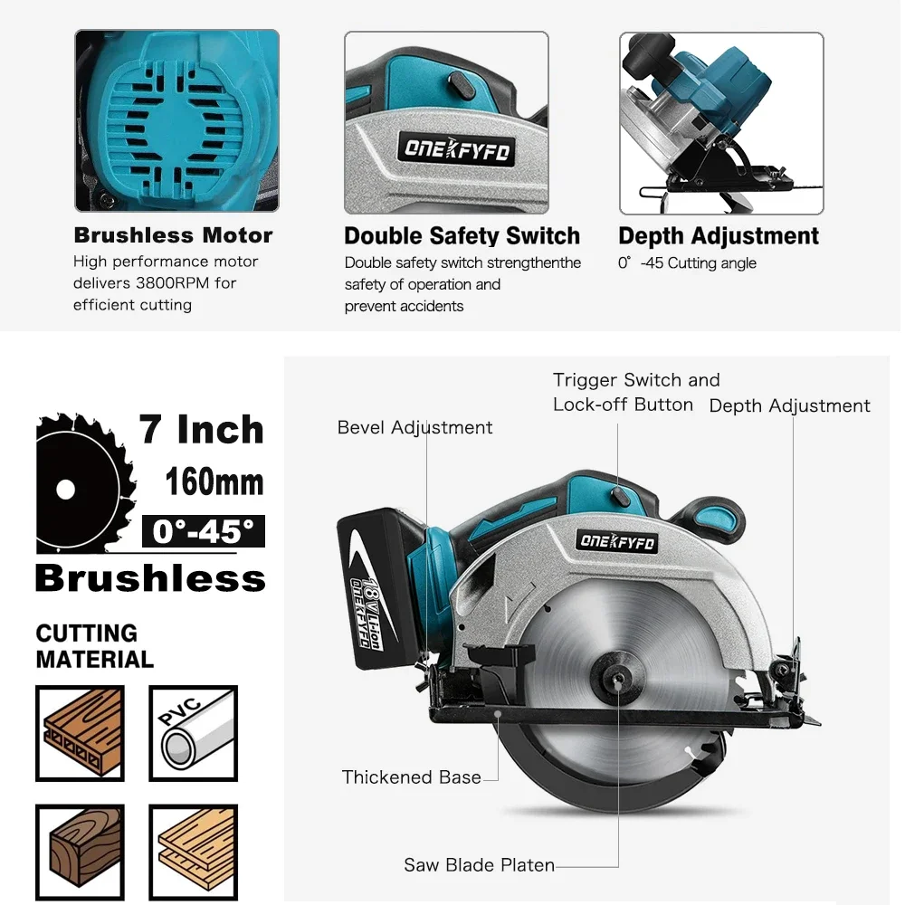 7 Inch Brushless Cordless Efficient Electric Circular Saw 0° to 45° Adjustable Wood Cuttiing Machine For Makita 18V Battery