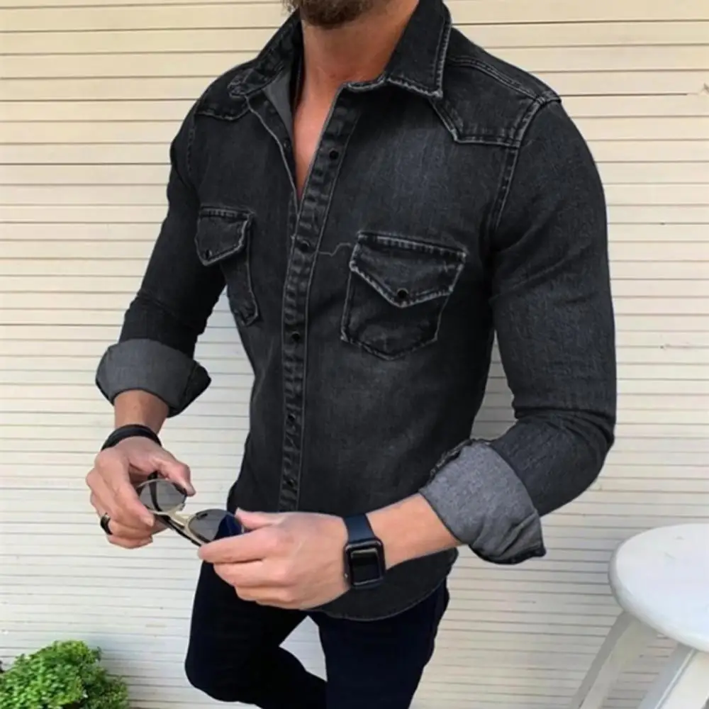 Heren Denim Overhemd Casual Slim Fit Knoop Shirts Met Zak Mannen Camisa Lange Mouw Down Kraag Bovenkleding Slim Knopen Shirt