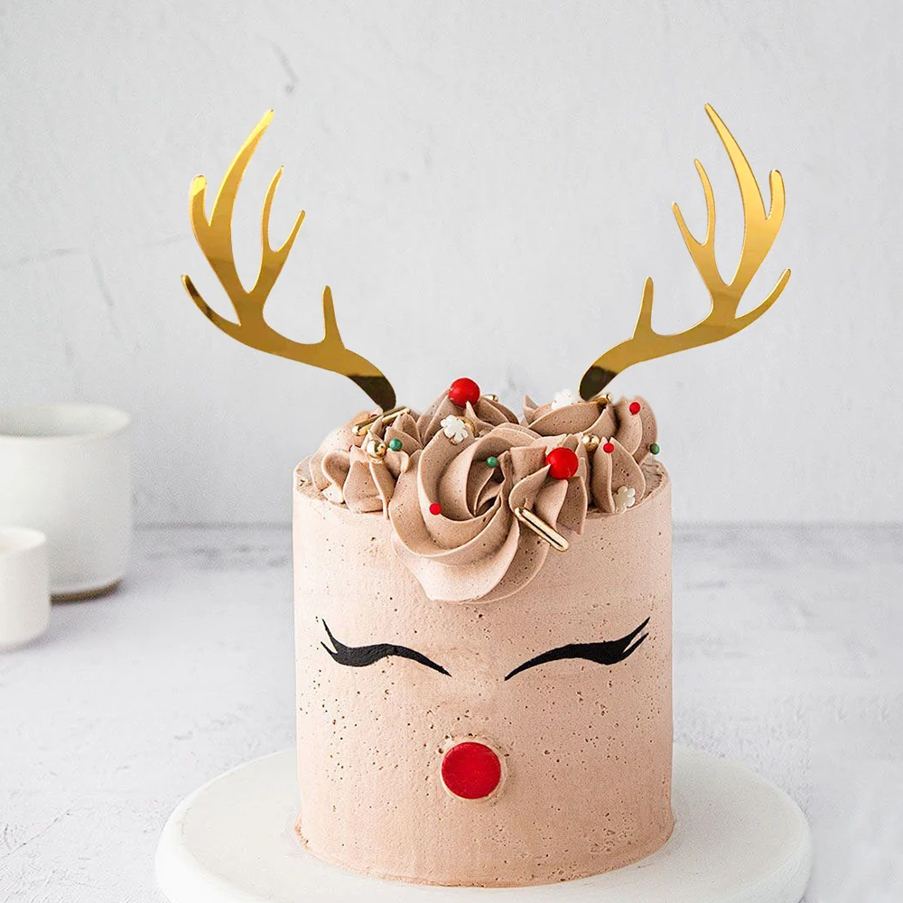 2pcs/set Gold Acrylic Deer Antler Cake Decoration for Christmas Theme Party Cake Topper Decoration Supplies