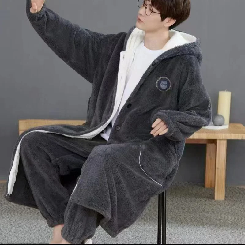 Winter Men's Nightgown Set Thickened Long Pajamas Coral Fleece Hooded Fleece New Bathrobes Student Loungewear Comfortable Simple