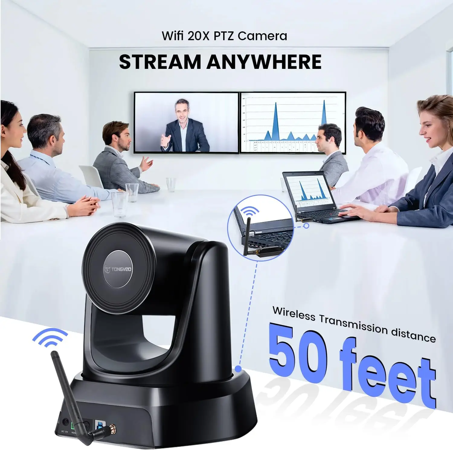 Wireless 20X Zoom 1080P 60FPS USB3.0 Church Live Streaming Video PTZ Conference Camera