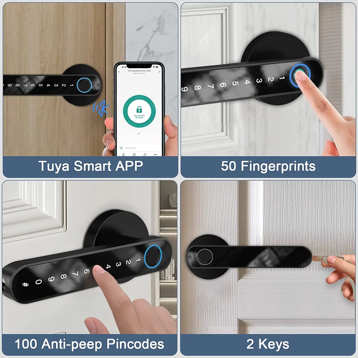 Tuya Biometric Fingerprint Smart Door Lock Password Electronic Digital Lock Keyless Entry Door Knobs Lock for Bedroom Home Room