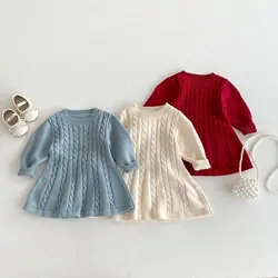 2024 New Medium and Small Children Korean Girls Sweater Skirt Twist Crew Neck Long Sleeve Warm Autumn and Winter Knitted Dress