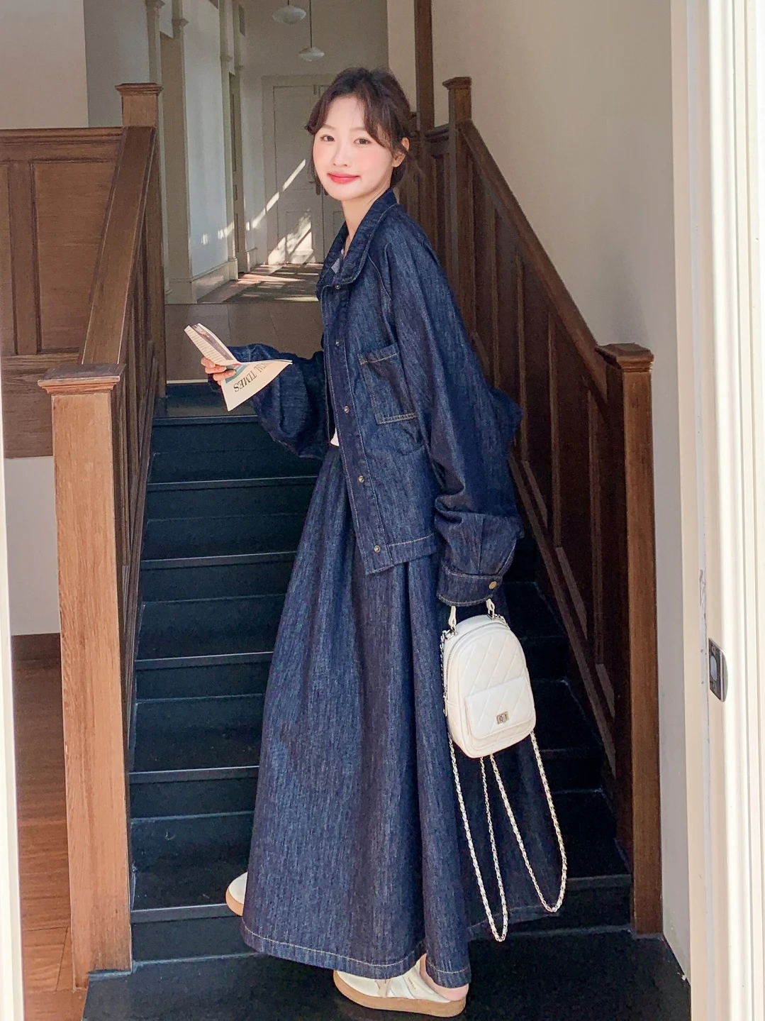 

Fashion Casual Loose Denim Jacket High Waist Skirt Two Piece Set Spring New Style Chic Stand Collar Lazy Girl Zodiac Suit