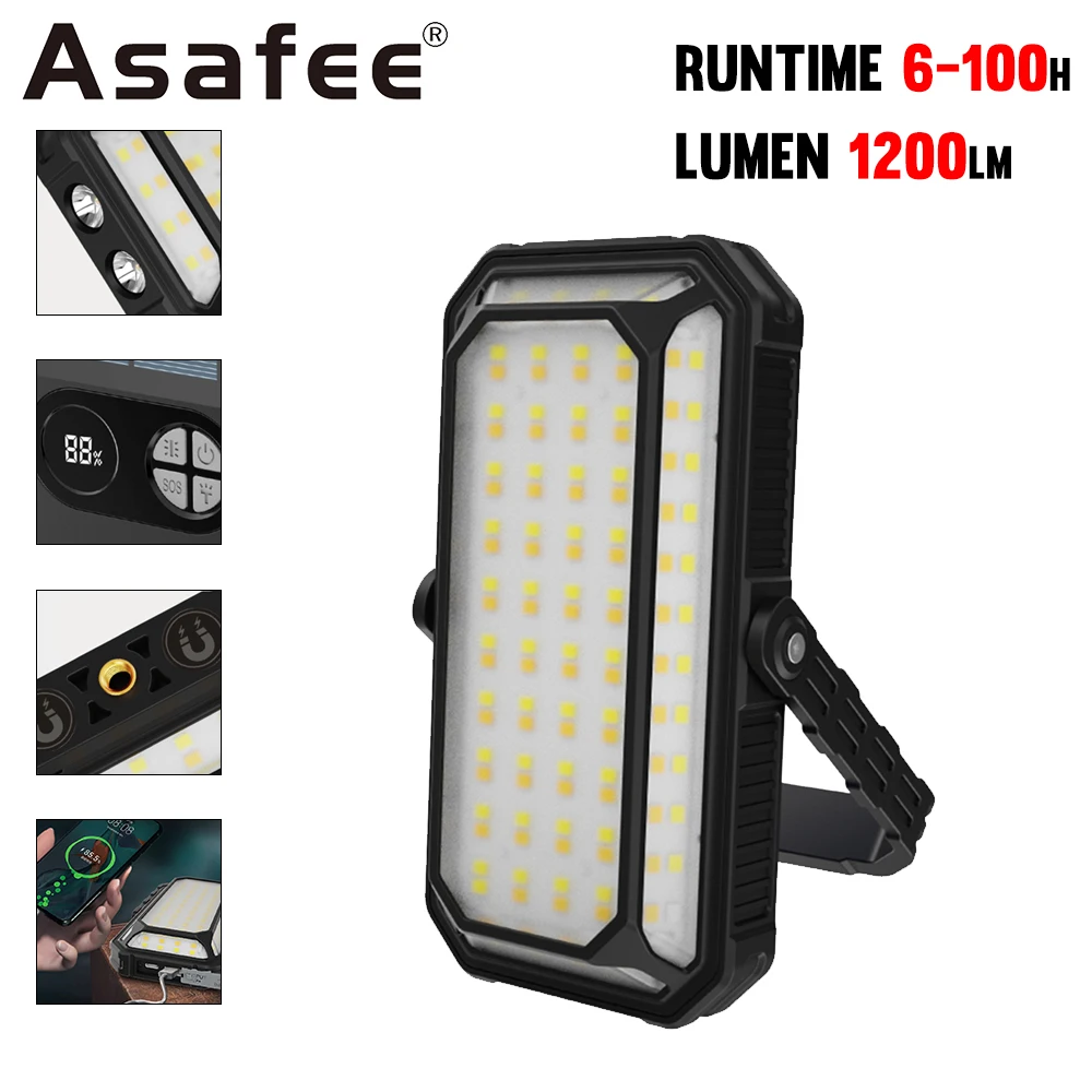 Asafee CA-008 Multifuncional Camping Luz de Trabalho 1200LM Lâmpada de Energia Carga Solar Bulit-in 10000mAh Bateria Lanterna Latern