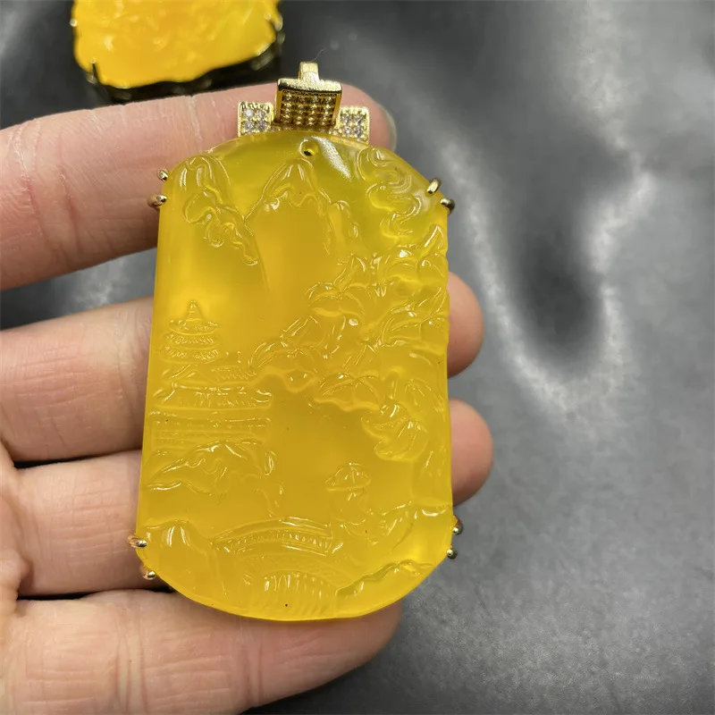 Inlaid Avalokitesvara Pendant Large Yellow Agate Landscape Sweater Chain