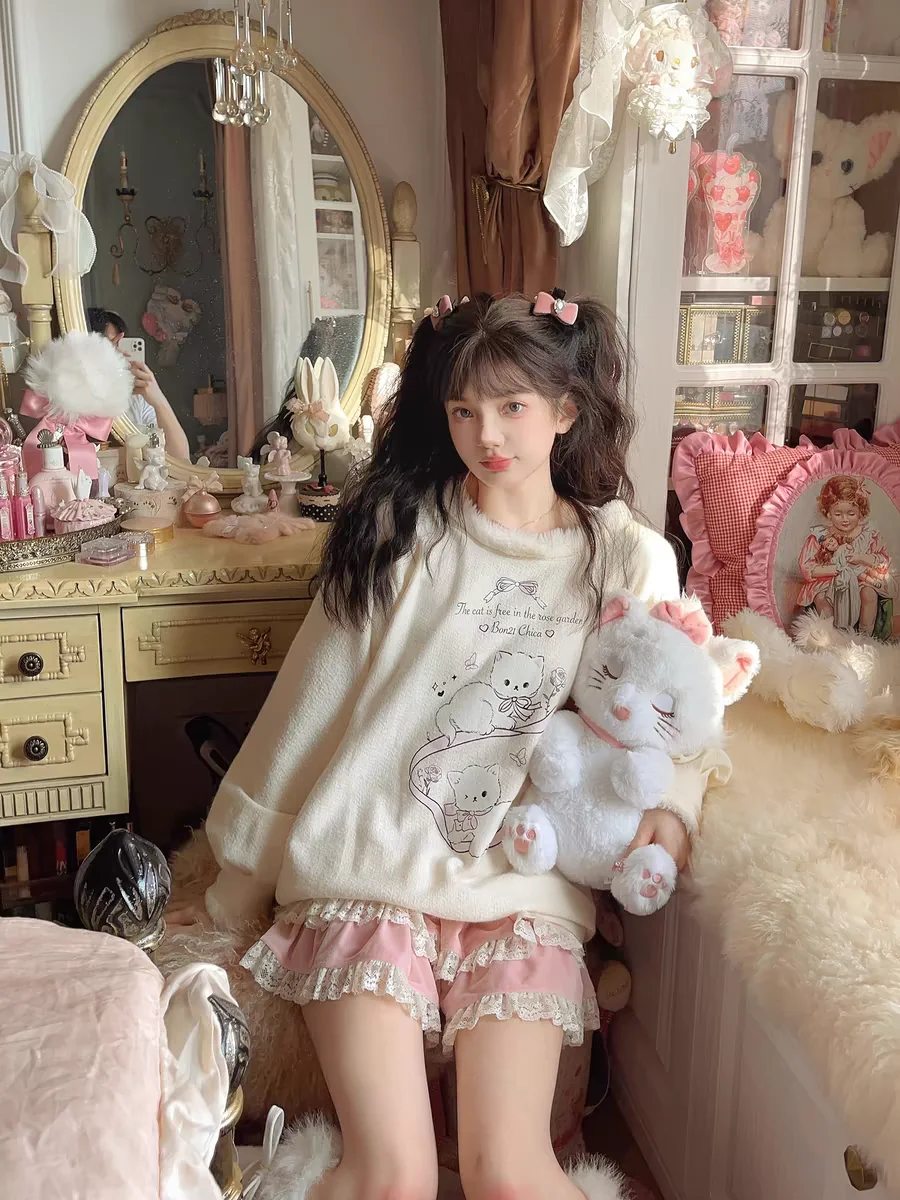 

Princess sweet lolita bobon21 Winter cute bow cat printed velvet neck tie up wool knitted top hoodie T2300