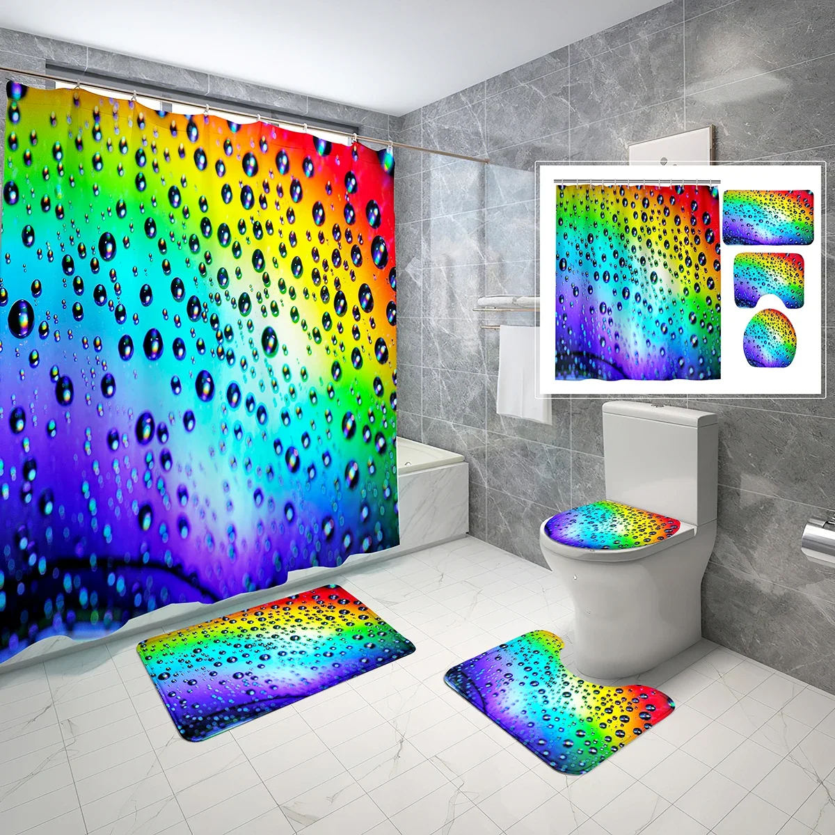 

4 Pcs Water Drops on Glass Shower Curtain Set Reflections Rainbows Non-slip Bath Mat Toilet Lid Waterproof Shower Curtain Sets