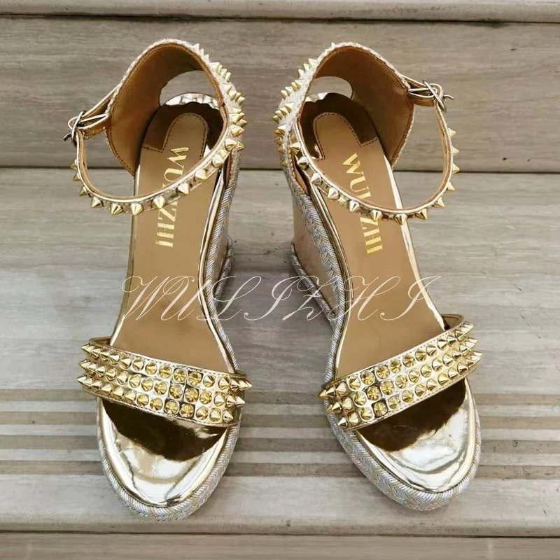 Women Bling Gold Stud Wedge Sandals Espadarille Metallic Hollow Buckle Design Shoes Open Office Bordered Luxury Gladiator Summer