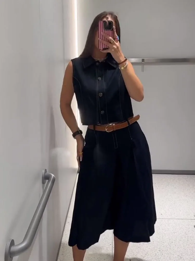 

HH летний женский комплект из 2 предметов, жилет без рукавов с отложным воротником и пуговицами + высокая талия, боковой пояс на молнии, плиссированные брюки