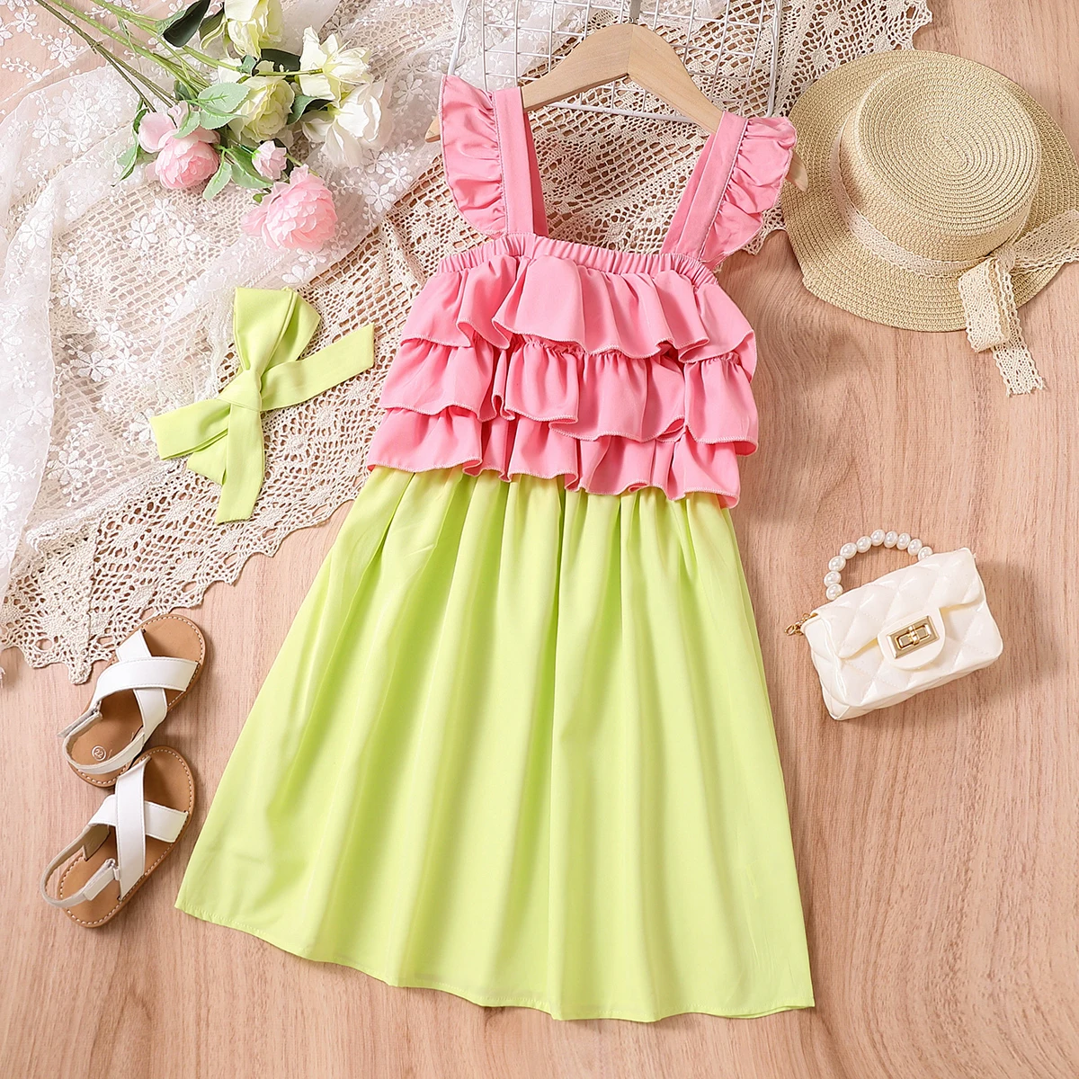 Children's Pink & Green Color Block Halter Dress Multi-Layer Lace Sleeveless Princess Style Summer Holiday Cute Dress for Girls