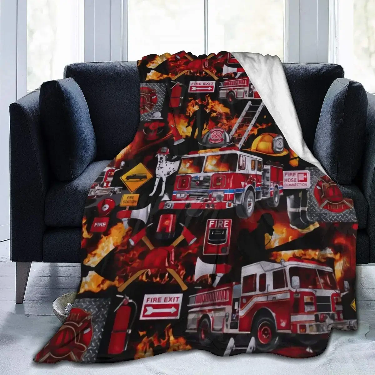 Red Cartoon Fire Truck Car Throw Blanket Fire Fighting Equipment Fire Extinguisher Flannel Blankets for Boys Girls Birthday Gift