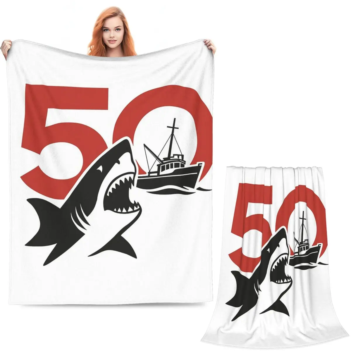 Jaws 50th Anniversary Logo Blankets Soft Warm Flannel Throw Blanket Plush for Bed Living room Picnic Travel Home Couch