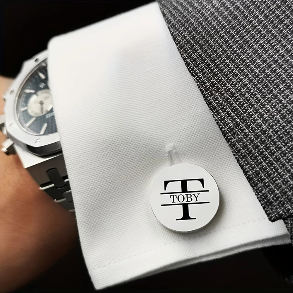 Personalized Stainless Steel Initial Name Cufflink Men Custom Best Shirt Button Black Printing Cuff Links For Wedding Party Gift view 3