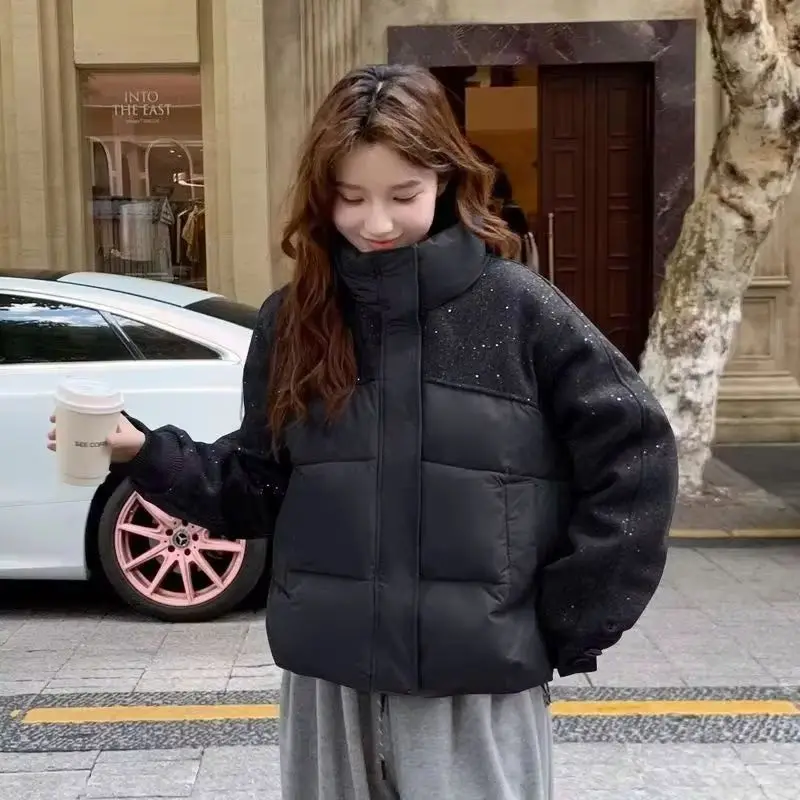 

New Women Winter Wool Stitching Cotton-padded Jacket Women Korean Thicke Warm Loose Ladies Parkas Female Snow Outerwear Overcoat