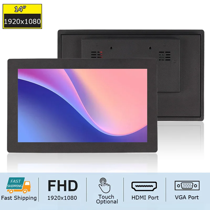 Newest 14 Inch Industrial Grade Touch Screen Monitor 1920x1080 Panel Mount VGA for HDMI Computer