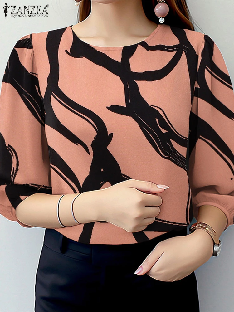 2025 ZANZEA Blusas de verano para mujer, Tops estampados, Túnica elegante con cuello redondo, Camisa de trabajo de manga 3/4, Blusas informales para vacaciones, camisa de gran tamaño