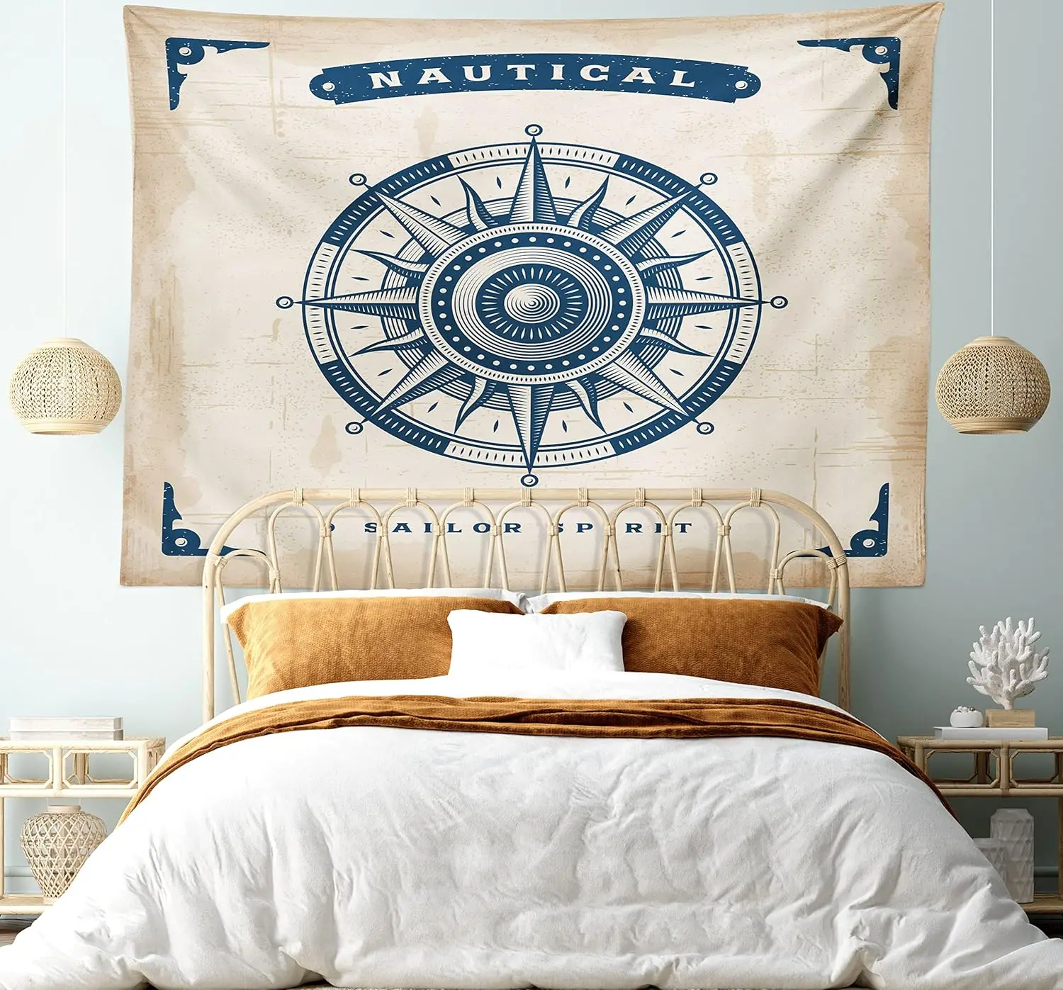 Compass Tapestry, Compass Illustration with Lettering Nautical Ocean Adventure Themed Print,Wide Wall Hanging for Bedroom Living