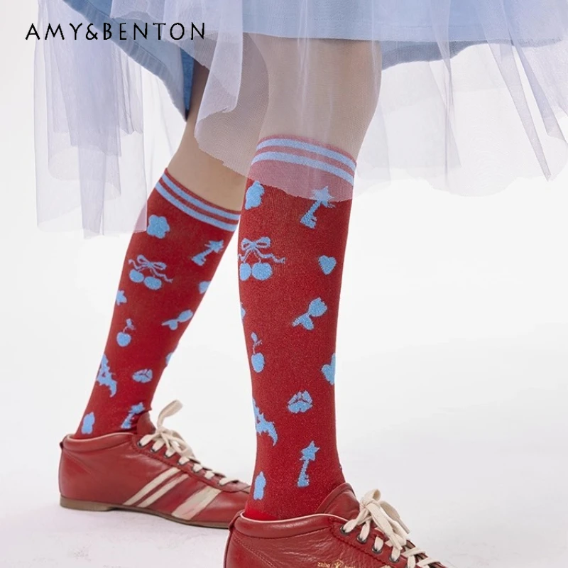 

Винтажные женские чулочно-носочные изделия с изображением красного, золота и серебряной нити, оригинальный дизайн, осень 2023, новые милые крутые женские носки до середины икры