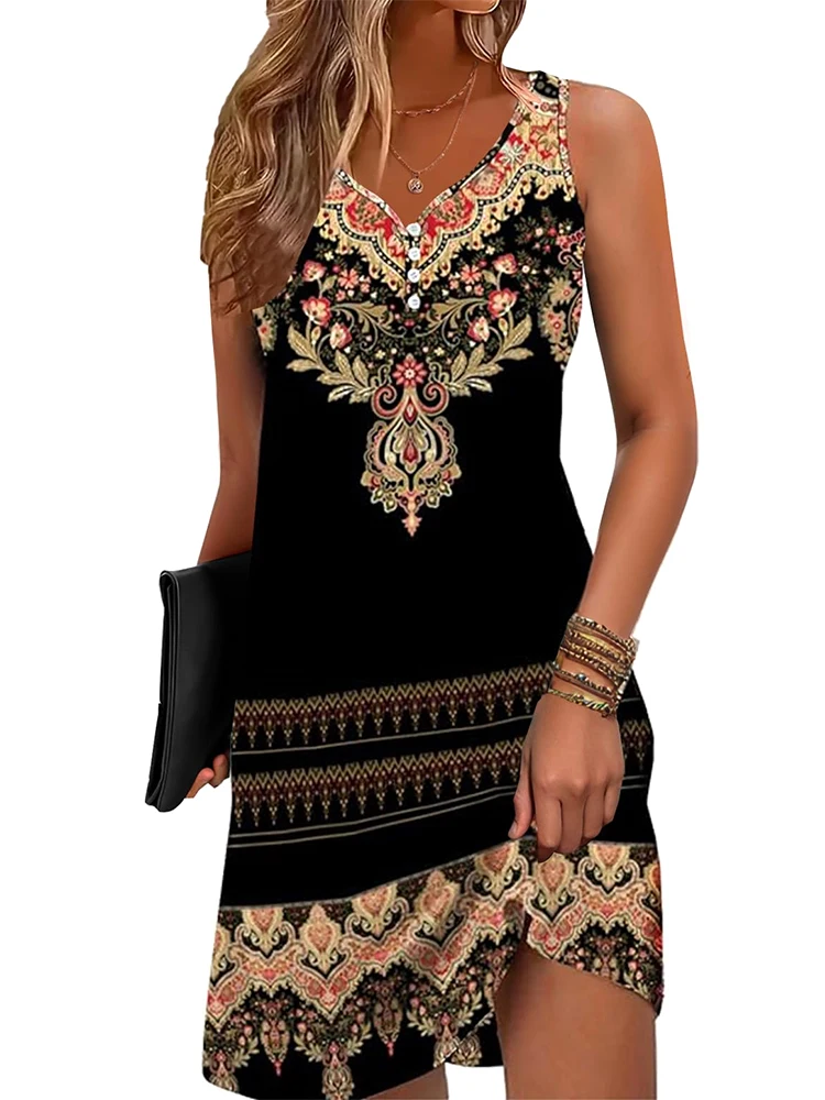 Vestido étnico sin mangas con cuello en V hasta la rodilla, Falda corta con cuello en V de moda urbana informal para exteriores, vestido de fiesta y cena