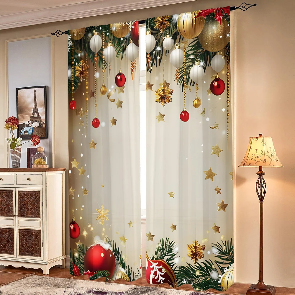 2 pieces, Christmas tree branch colored ball curtains -30% blackout - suitable for living room, bedroom, kitchen, home decoratio