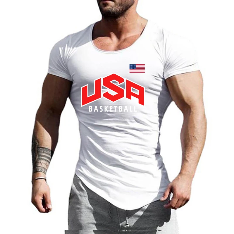 Summer Cotton Breathable Short Sleeve T-shirts Gym Fitness Bodybuilding Slim Fit Shirts Muscle Mens Irregular Hem Sport Clothing