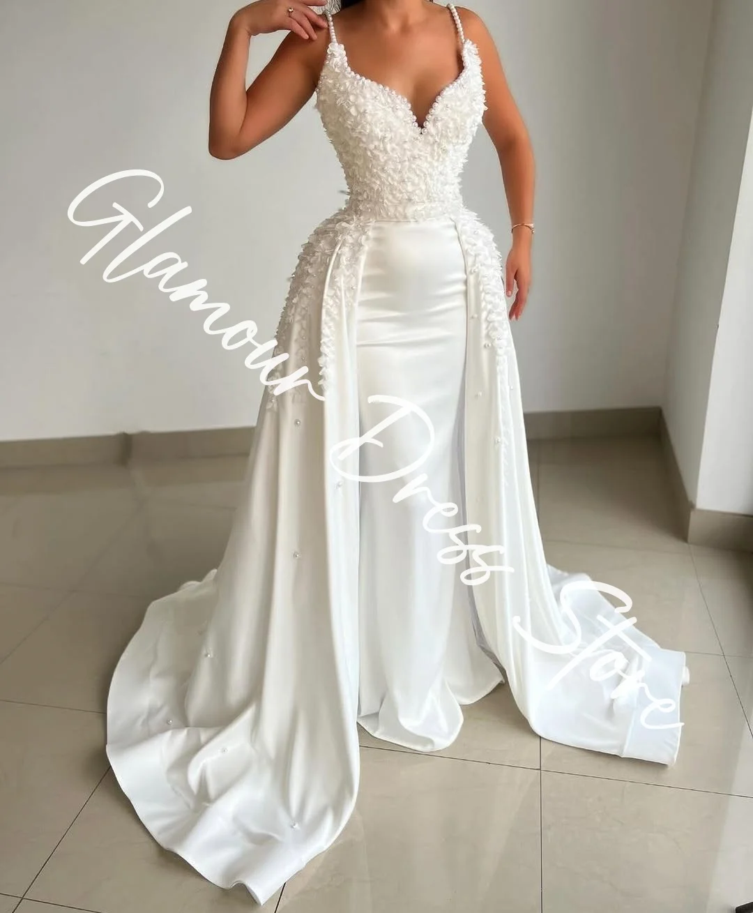Customized Exquisite Jersey Straight Spaghetti Straps Appliques And Pearls Evening Dresses Strapless Sleeveless Panel