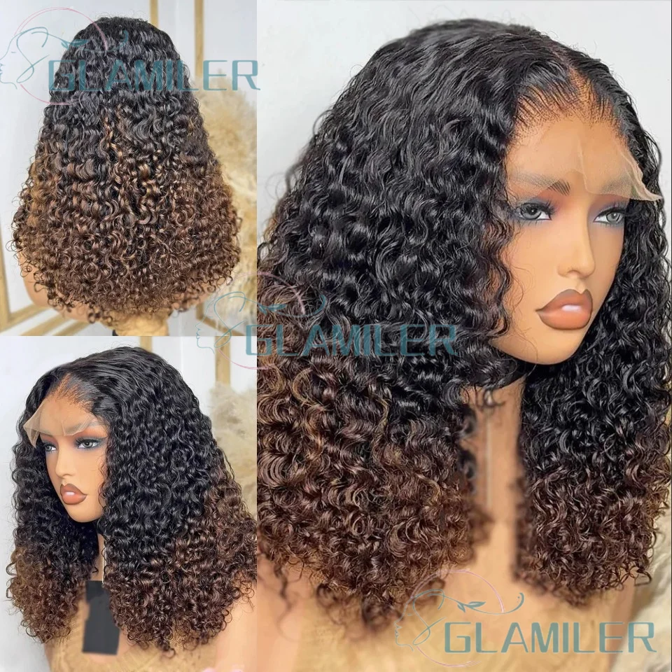 

Kinky Curly Ombre Dark Brown Human Hair 5x5 Silk Top Closure Wigs Pre Plucked #1b/4 Glueless 13x6/360 Full Lace Curly Wigs
