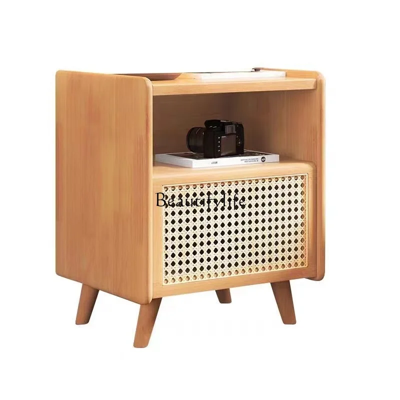 

Solid Wood Bedside Cabinet Simple Modern Home Bedside Storage Vintage Black Rattan Bedside Table