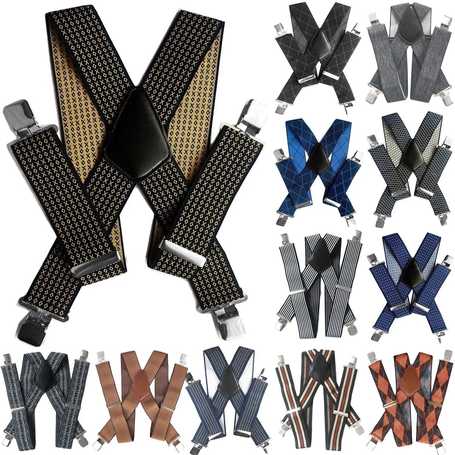 50mm Wide Men Suspenders Elastic Heavy Duty Brace Strap Belt With Clips Adjustable Shoulder Pads Pants Adjustable Braces X Back