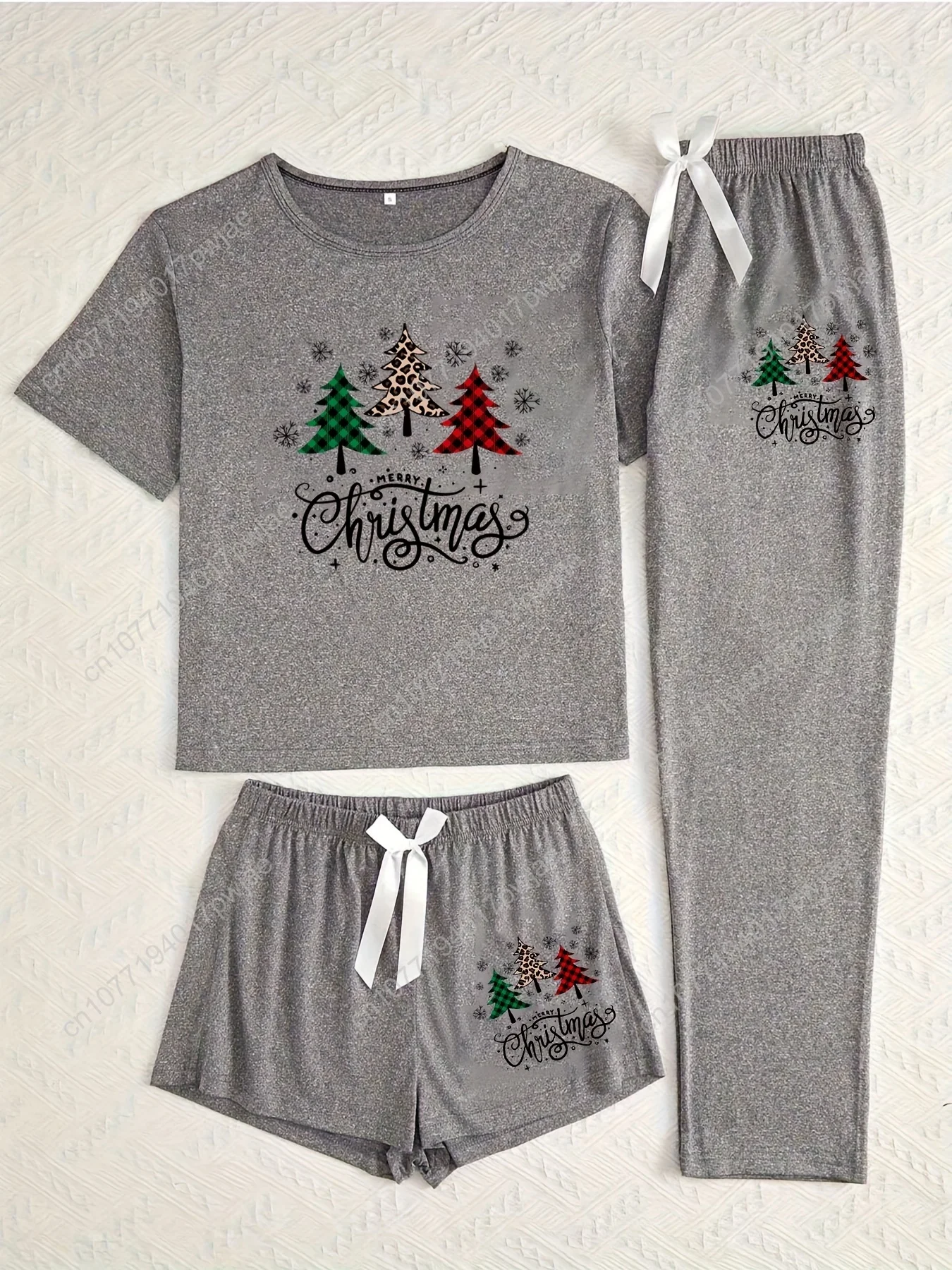 

Women's 3pcs Christmas Pajama Set - Short Sleeve Pajamas with Plaid & Tree Print Sleepwear, Matching Shorts & Long Pants, All-Se