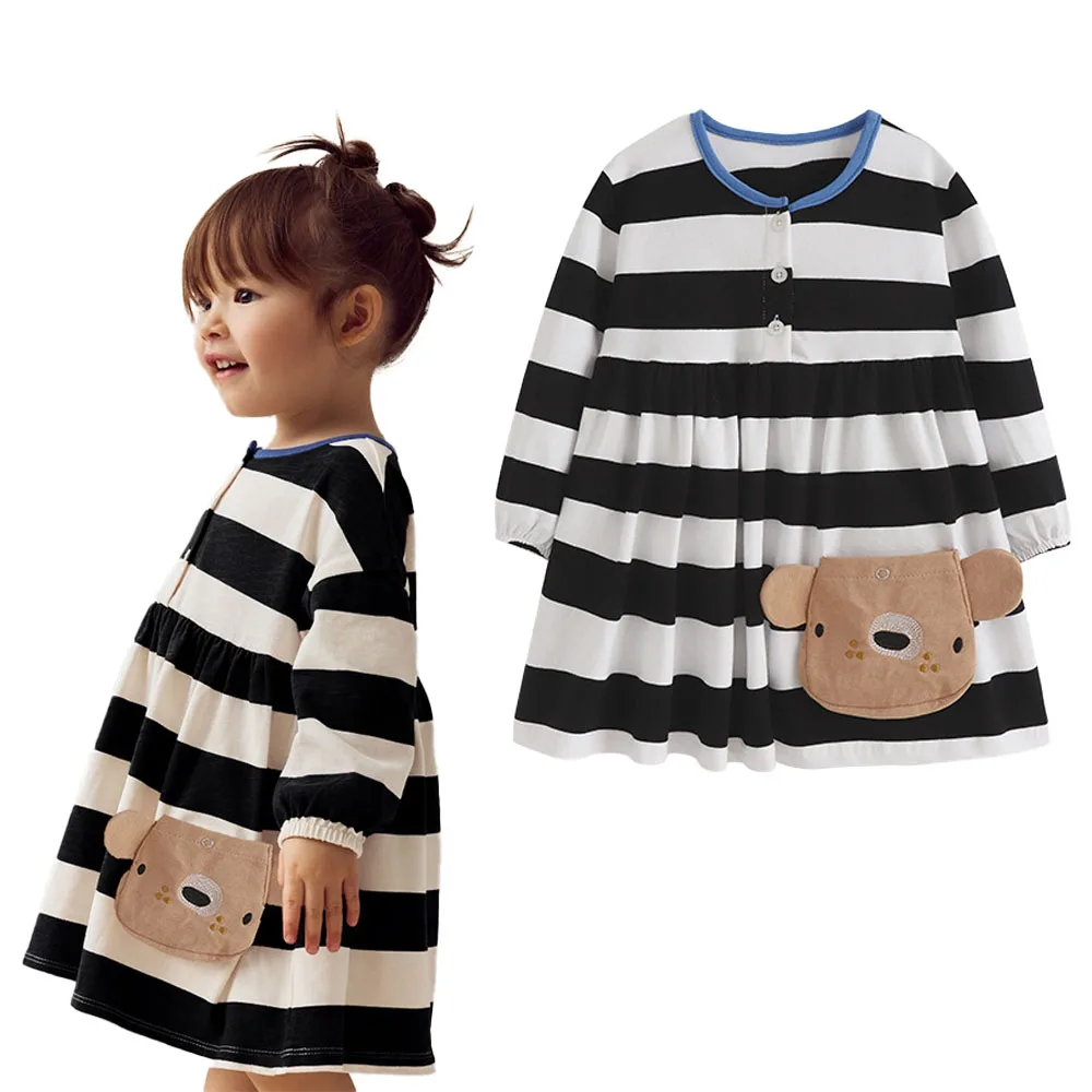 Baby Toddler Girl Dress Striped Casual Outfit Girls Clothes Cute Pocket Cartoon Animal Kids Children Clothing Spring Autumn