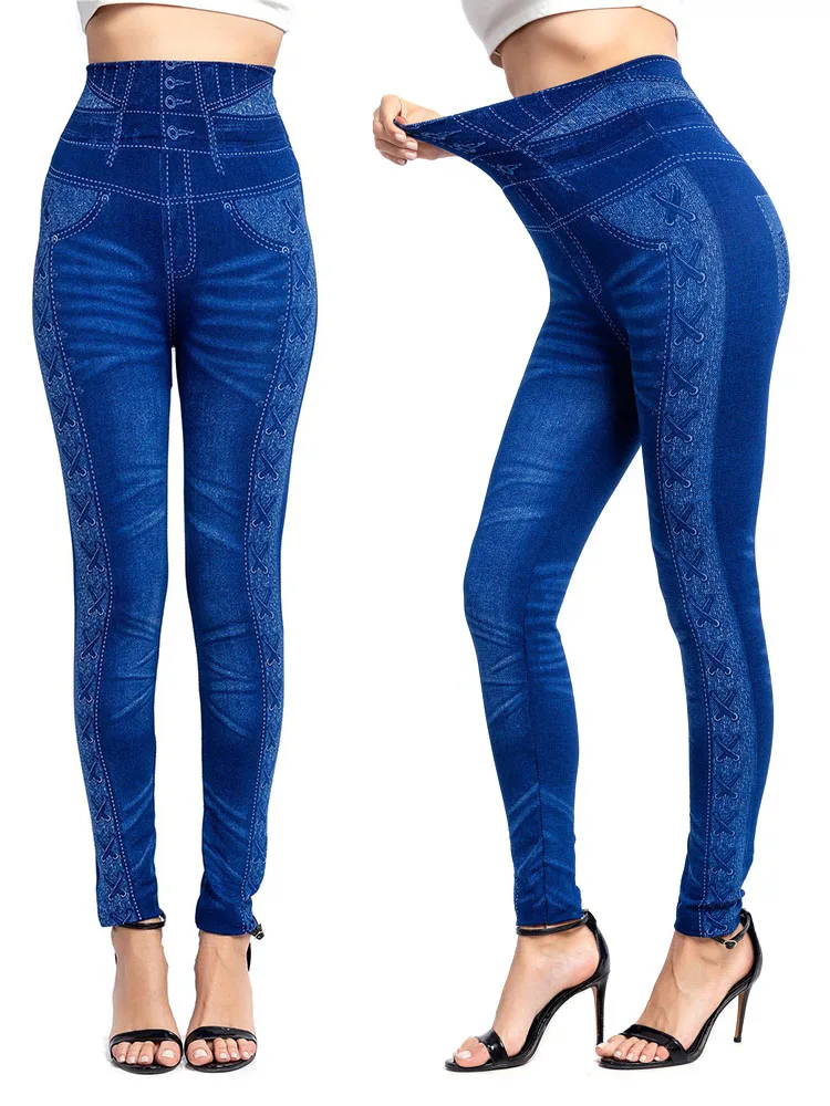 Visnxgi feminino elástico falso imitação calças de brim cintura alta magro empurrar para cima calças lápis sem costura plus size leggings casuais 3xl