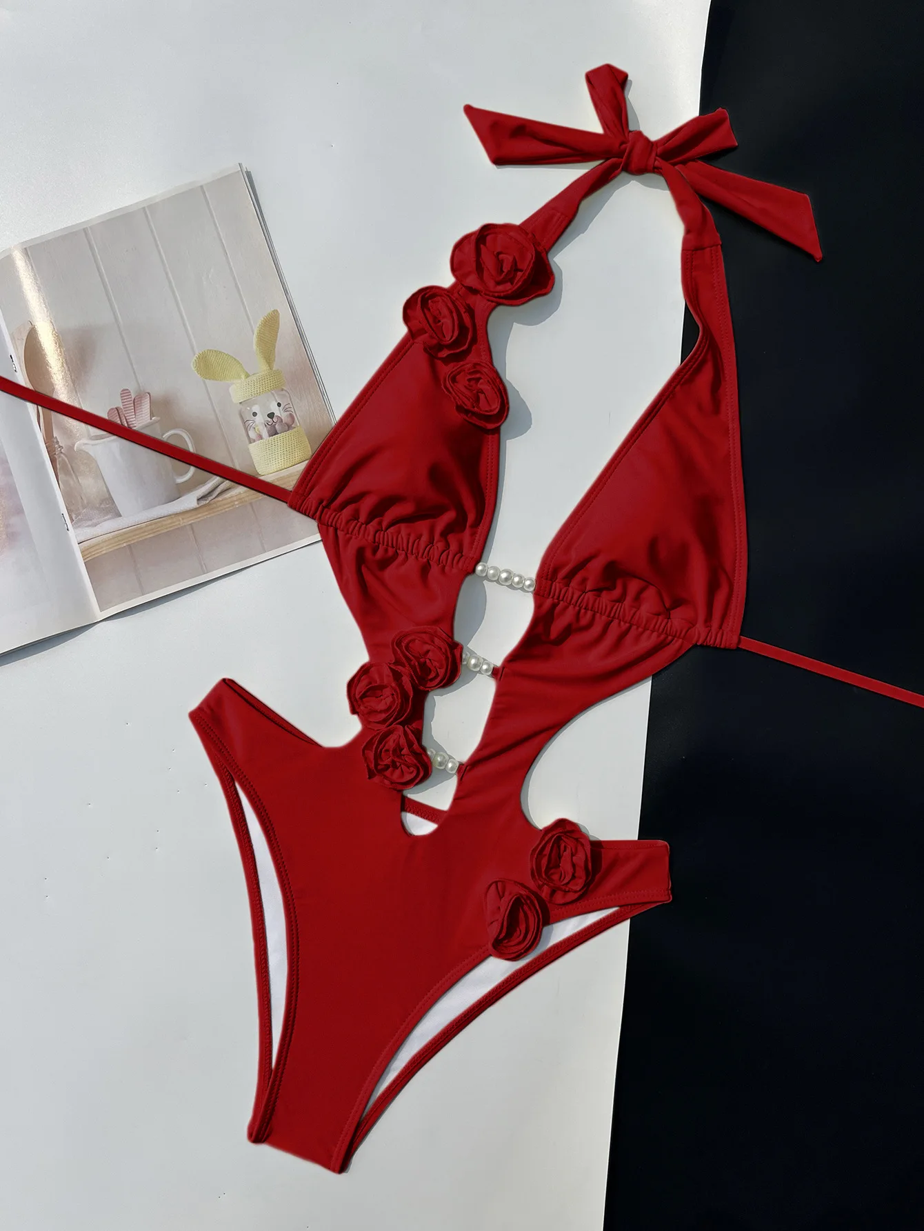 

Red Hollow Out One Piece Swimsuit 2025 New Sexy Halter 3D Flower Monokini Women's Swimwear Bathing Suit