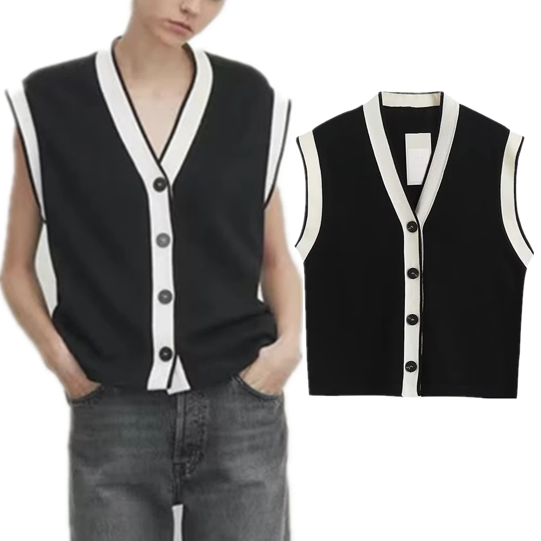 

Dave&Di Office Ladies Single breasted Cardigan Women French Fashion Knitted Knitted Tank Top Vest