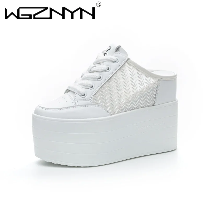 

Шлепанцы 12 см, кроссовки, тапочки без шнуровки, женская летняя обувь, сандалии на танкетке из микрофибры из натуральной кожи с блестящей сеткой на платформе