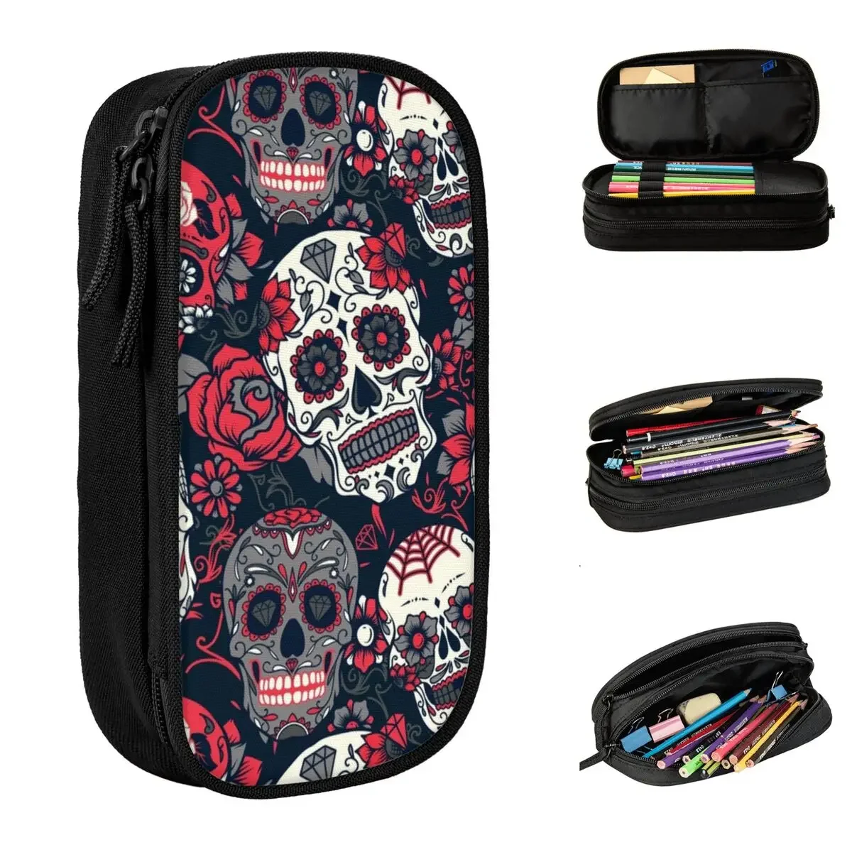 

Sugar Skull Red Pencil Cases Fashion Death Dark Black Scary Mexican Pen Bag Girls Boys Large Storage Students School Pencil Box