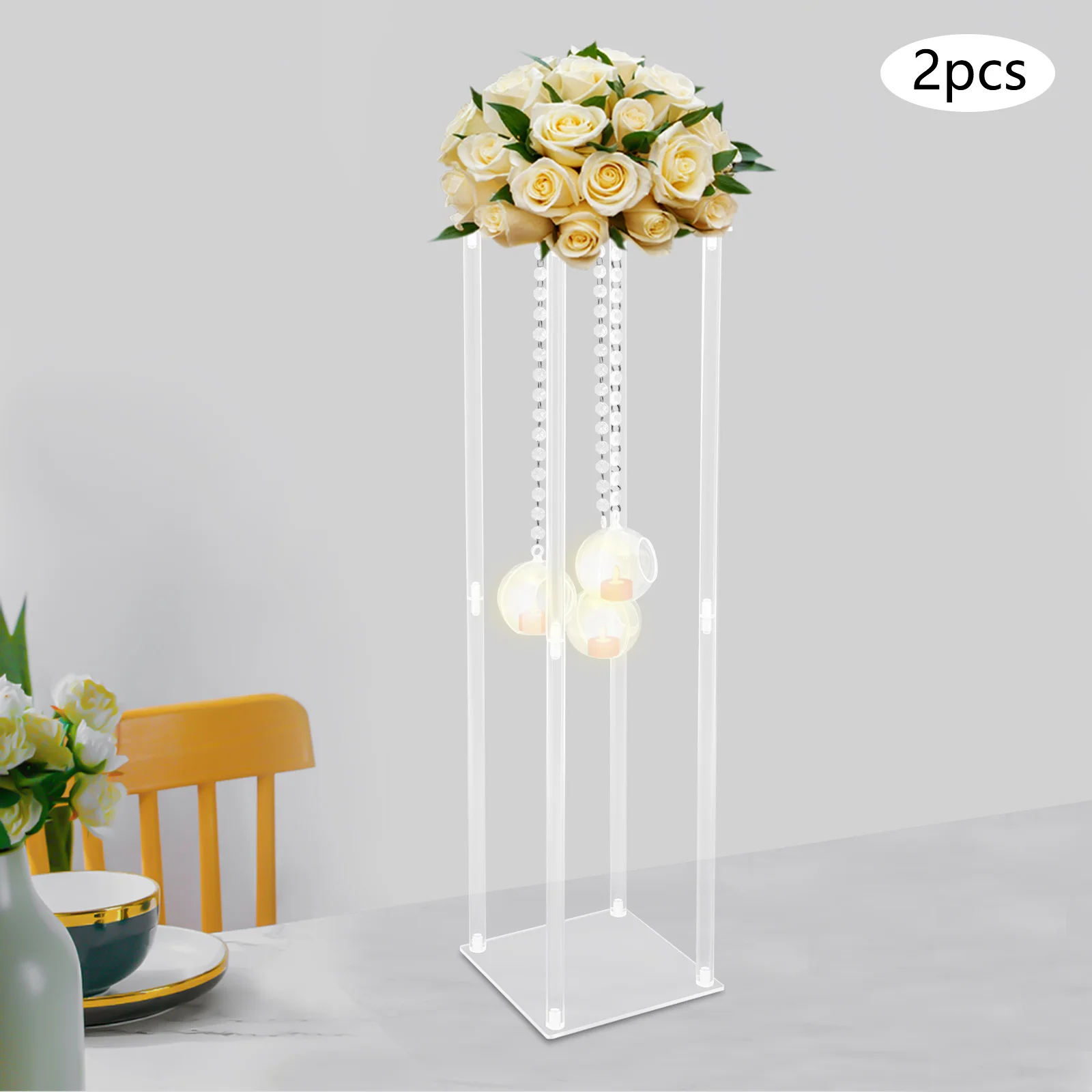 2Pcs Clear Flower Stand Wedding Centerpieces 20*20*80cm with Hanging Candle Holders for Banquet, Festival, Party Decoration