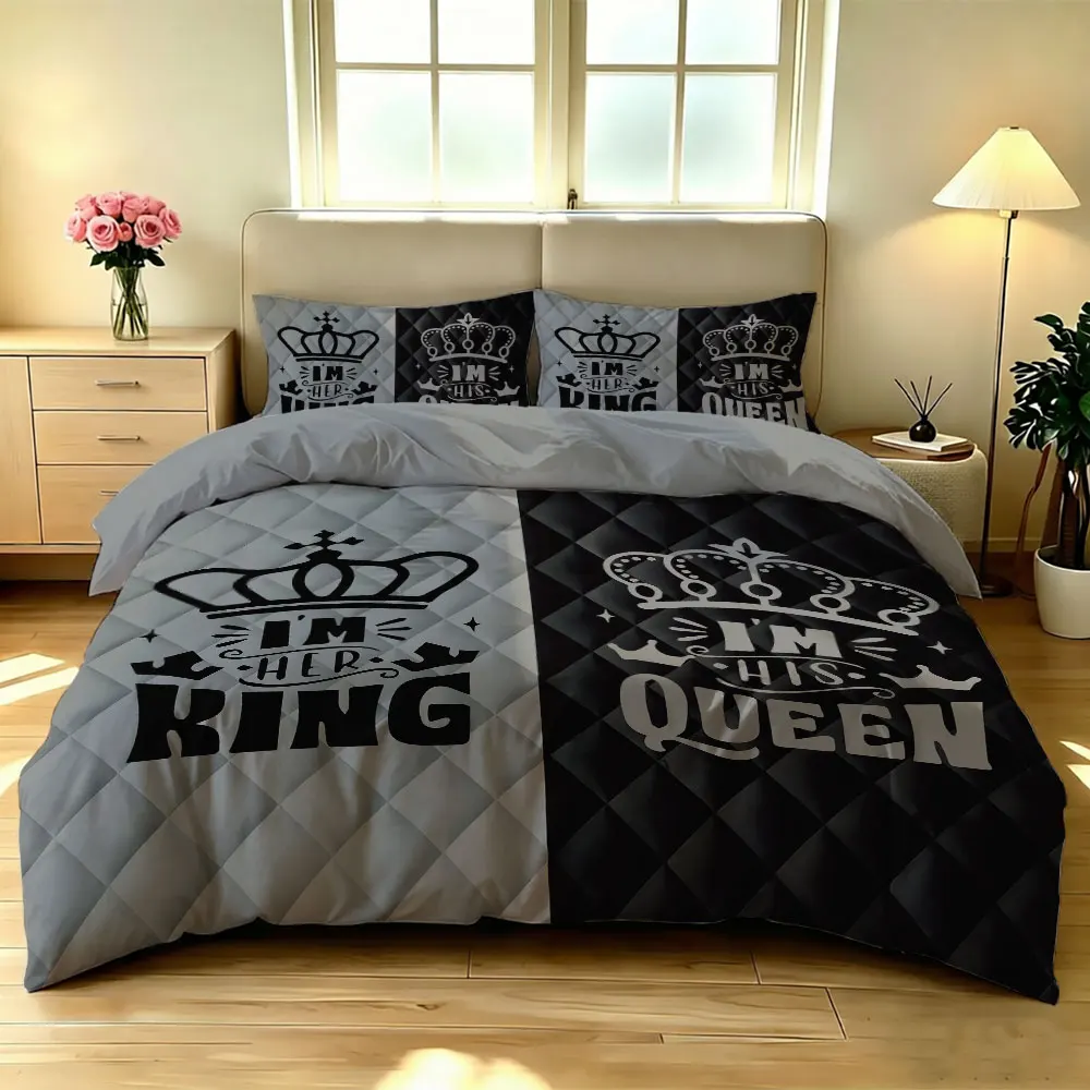 3pcs King Queen Crown Print Duvet Cover Set Couple Grey Black Soft Microfiber Bedding Set with Pillowcases Quilt Cover Decor